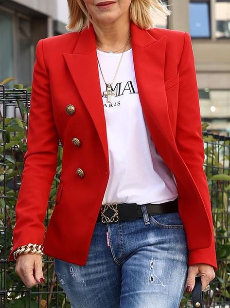 Red Orange Blazer Outfit, Red Blazer Black Pants Outfit, Red Plaid Blazer Outfit, Womens Outfits 2024, Red Shirt Outfit Ideas, Casual Jeans Outfit For Work, Red Blazer Outfit For Work, Red Blazer Outfit Casual, Red Blazer Outfit