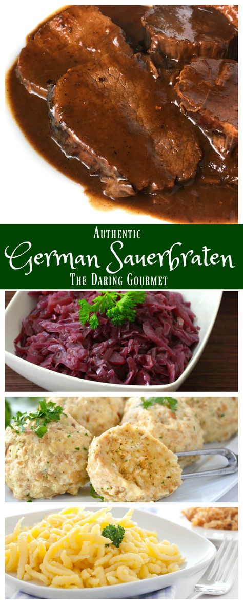 One of Germany’s national dishes, this authentic Sauerbraten is marinated, cooked until tender, and served with a wonderfully rich and flavorful sweet-tangy gravy!  Serve it with homemade Rotkohl and potatoes, Knödel or Spätzle and you're all set for a memorable feast!  daringgourmet.com Crockpot Sauerbraten, German Sauerbraten Recipe, Sauerbraten Recipe, German Dinner, Daring Gourmet, German Things, Traditional German Food, German Dishes, German Food Authentic