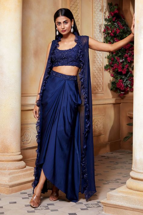 Cape Skirt, Georgette Skirt, Satin Bustier, Blue Cape, Dhoti Pants, Draped Skirt, Embroidered Neckline, Pant Set, Set For Women