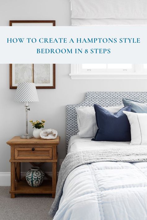 Hamptons style bedroom with blue and white colour scheme. Hamptons Bedroom Ideas, Coastal Hamptons Bedroom, Hamptons Bedrooms, Hampton Bedroom Ideas, Hamptons Style Bedrooms, Hamptons Style Bedroom, Hampton Bedroom, Hamptons Bedroom, Hamptons Style Interior