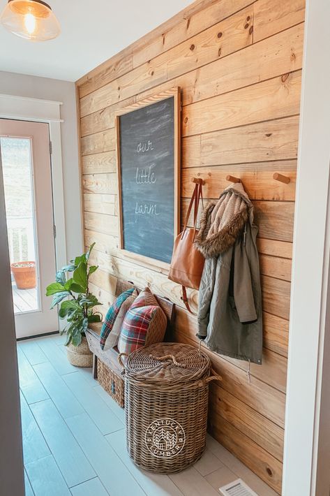 Interior Cedar Walls, Half Wall Top Of Staircase, Natural Wood Walls Living Room, Pickled Pine Walls, Kentucky Decor Home Ideas, Vertical Pine Board Walls, Cedar Mudroom, Cedar Interior Walls, Exterior Mudroom