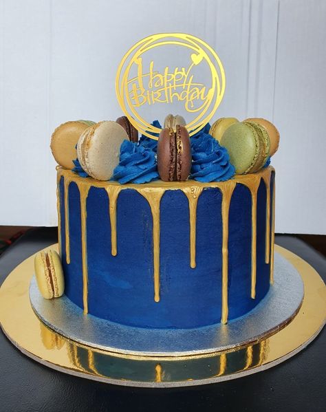 Royal blue and gold drip cake, macarons, chocolate, vanilla, American buttercream, 50th birthday cake, mens birthday cake Royal Blue Cake Ideas, Royal Blue And Gold Cake For Men, Royal Blue And Gold Cake Birthday, Birthday Cake Royal Blue, Blue White And Gold Cake For Men, Cake With Jam Filling, 60th Birthday Cake For Dad, Blue And Gold Graduation Cake, Blue And Gold Cake For Men