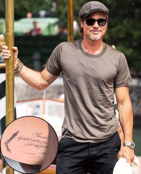 Brad Pitt Debuts New Mysterious Bicep Tattoo at the Venice Film Festival Brad Pitt Tattoo, Brad Pitt News, Tank Tattoo, Brad Pitt Style, Bradley Pitt, Bold Minimalism, Bicep Tattoo, Handsome Older Men, Doctor Picture