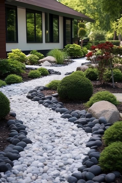 Pebbles Front Yard Landscaping, Japanese Inspired Front Yard Landscaping, River Rock Front Yard Landscaping, White Rock Front Yard Landscaping, Rock And Shrub Landscaping, River Rock Garden Landscaping, White Stone Landscaping Ideas, Black And White Landscaping, White River Rock Landscaping