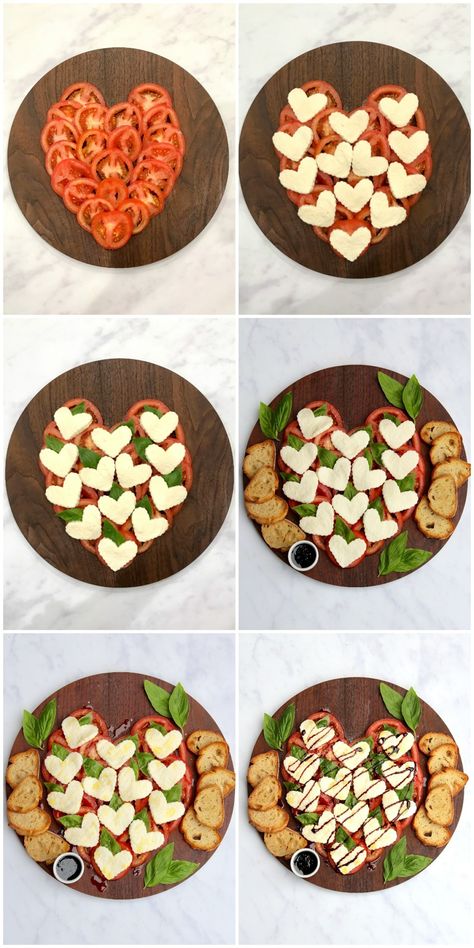 Heart Caprese Salad | The BakerMama Heart Shaped Caprese Salad, Valentine Day Lunch Ideas, Savoury Valentines Food, Valentines Potluck Food, Valentines Food Savory, Valentine Pasta Salad, Valentines Appetizers Parties Food, Valentines Themed Food Dinner Parties, Galentines Party Dinner Ideas