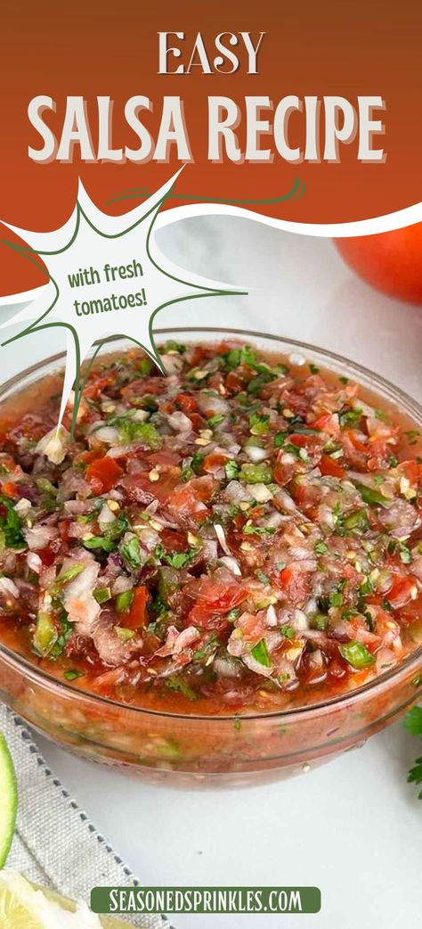 This fresh tomato salsa recipe creates a classic topping for tacos, burritos, nachos and more. Our homemade salsa knocks any store bought jars right out of the park with its fresh, bright flavors. #salsa #tomatoes #jalapenos #cilantro #redonion #recipe #dip #chips #Mexican Nachos Vegetarian, Salsa Recipe With Fresh Tomatoes, Fresh Tomato Salsa Recipe, Tomato Salsa Recipe Fresh, Dip Chips, Mexican Salsa Recipes, Tomato Salsa Recipe, Fresh Salsa Recipe, Salsa Salsa