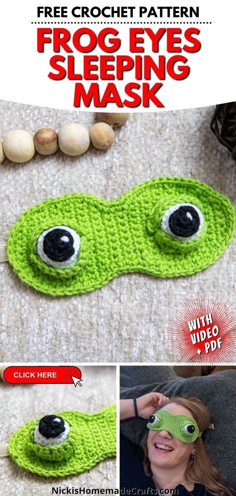 This crochet sleep mask with 3D eyes looks hilariously cute. Make it for yourself or for someone who could use a good night's sleep. The easy mask pattern includes a video tutorial and can be created by crocheters of all skill levels. Get the crochet pattern free from Nicki's Homemade Crafts! #christmascrochetideas #crochetchristmasgifts Crochet Eye Mask Free Pattern, Crochet Sleeping Mask, Crochet Eyes Free Pattern, Crochet Eye Mask, Crochet Sleep Mask, Sleep Mask Crochet, Home Crochet Patterns, Homemade Aesthetic, Bathroom Crochet