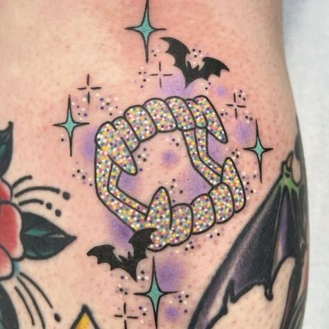 Halloween Tattoo Fillers, Halloween Glitter Tattoo, Spooky Shin Tattoo, Creepy Girly Tattoos, Women Lower Stomach Tattoos, Bold Color Tattoo, Cute Vampire Tattoo, Girly Halloween Tattoos, Marshmallow Tattoo