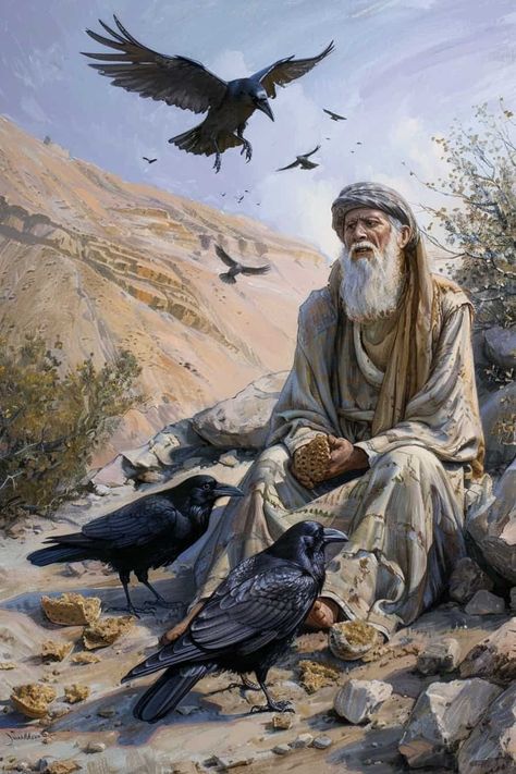 Bible History Pictures, Biblical Portraits, Elijah In The Bible, Elijah And The Ravens, Elijah Fed By Ravens, Bible Story Pictures, Bible Story Art, Ravens Art, Biblical Illustrations