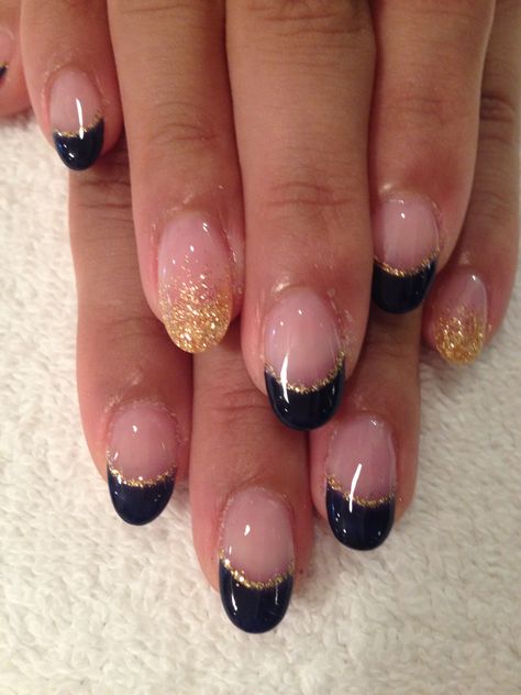 Navy French Navy And Gold Almond Nails, Navy Blue And Gold French Tip Nails, Navy And Gold French Tip Nails, Black And Gold Hoco Nails, Navy Blue With Gold Nails, Blue And Gold Gel Nails, Navy And Gold Nail Ideas, Navy And Gold Nails Design, Nails To Match Navy Dress