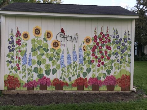 My painted garden shed ! Painted Garden Shed Mural, Painted Sheds Ideas Backyards, Shed Painting Ideas Flowers, Flower Mural On Shed, Garden Shed Mural Ideas, Garden Shed Mural, Painted Shed Mural, Shed Mural Ideas, Barn Murals Ideas