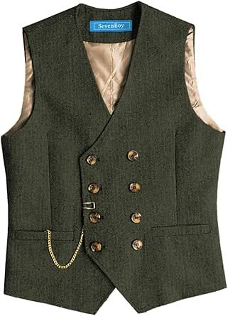 SevenBoy Men's Tweed Dress Vest Double Breasted Wool Suit Vest Vintage Waistcoat For Wedding Casual Suit Vest, Vintage Waistcoat, Mens Casual Suits, Formal Vest, Vest For Men, Dress Vest, Wool Vest, Tweed Dress, Casual Suit