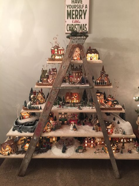 Dept. 56 Christmas Village Ladder Display Christmas Village Display Ideas, Village Display Ideas, Wooden Ladders, Christmas Tree Village Display, Diy Christmas Village Displays, Christmas Tree Village, Diy Christmas Village, Christmas Village Display, Village Display