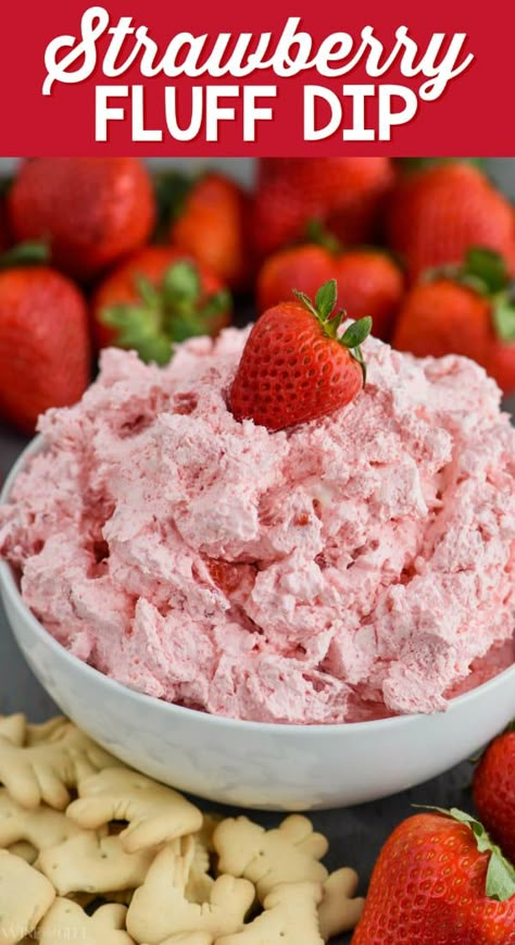 This Strawberry Fluff Dip is your favorite picnic salad in dessert dip form! With only five ingredients, you can whip this up in just a few minutes! Easy Dessert Dip Recipes 3 Ingredients, Strawberry Cheese Ball, Strawberry Cheese Ball Recipes, Strawberry Dipping Sauce, Fluff Dip Recipes, Summer Dessert Dips, Pink Dips Food, Cool Whip Dip Recipes, Dessert Dips Recipes