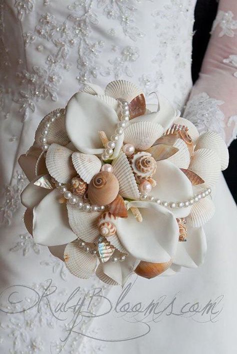 More ideas like these at bridebug.com Beach Wedding Shower, Shell Bouquet, Beach Bouquet, Seashell Bouquet, Wedding Shower Cakes, Seashell Wedding, Tropical Beach Wedding, Sea Wedding, Beach Wedding Flowers