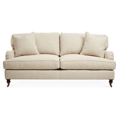 Designed by us and available only at One Kings Lane: This English-arm sofa is made elegant and inviting with a relaxed silhouette framed in kiln-dried hardwood, finely turned front legs capped with brass casters, and a lofty down-and-feather fill. And because it's upholstered in eco-friendly, high-performance Crypton, it repels stains and spills. This makes it ideal for households with children, pets, or oops-prone adults. Natural Sofas, Neutral Sofa, Elegant Sofa, Rolled Arm Sofa, Settee Sofa, Settee, Velvet Sofa, Sleeper Sofa, Stylish Home