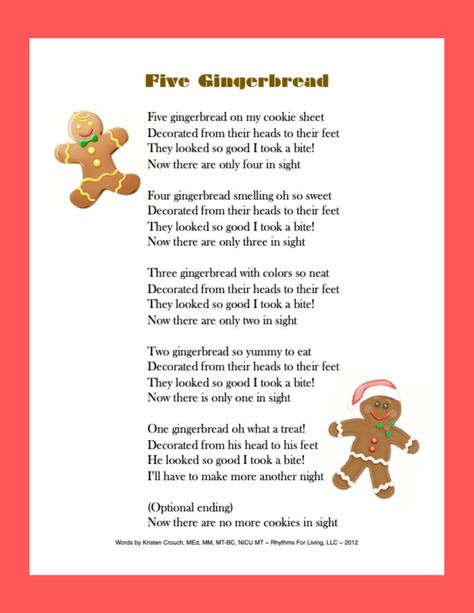 Five Gingerbread Song and Visuals Five Little Gingerbread Men, 5 Little Gingerbread Poem, Gingerbread Man Songs For Preschool, Gingerbread Songs For Toddlers, Gingerbread Songs For Preschool, Gingerbread Man Song, Gingerbread Poem, Gingerbread Worksheets, Prek Gingerbread