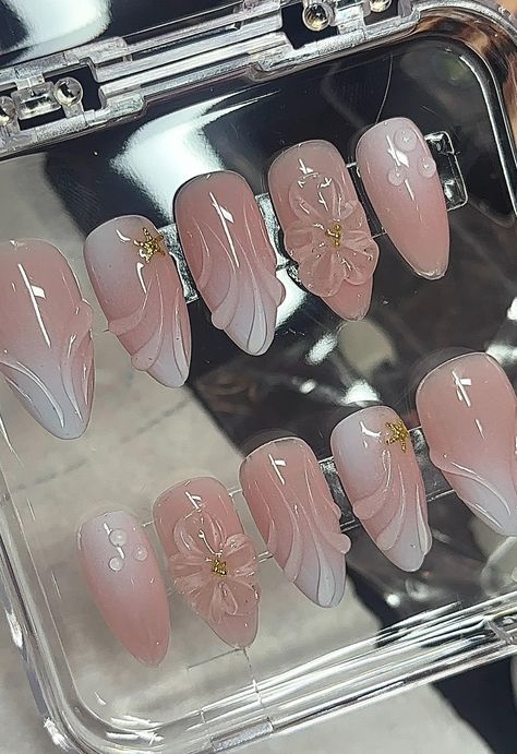 Includes a set of 10 custom handmade nails All nail sets include a FREE Application Kit (cuticle pusher, 100/180 grit nail file, glue)   If you need your press ons by a certain date, please contact me bacrylix@gmail.com or use the chat feature below. **a rush my order add-on must be purchased at checkout, please note a rush my order add-on is a option to rush processing of your order. This is not a shipping upgrade, shipping upgrades must be added at checkout **   While we do our best editing ph Aesthetic Flower Nails, Press On Nails Set, Light Colors Nails, Rose Colored Nails, Textured Nails, Press Ons, Jelly Flower, Really Cute Nails, Fake Nails