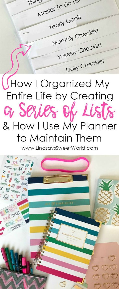 Lindsay's Sweet World: How I Organized My Entire Life by Creating a Series of Lists + How I Use My Planner to Easily Maintain Them How I Organized My Entire Life, Daily Planner Organization Ideas, Organizing Planner Ideas, Planning And Organizing Life, Organizing Life Planner, Happy Planner Storage Ideas, Organize My Life Planner Organization, Planner Lists Ideas, Laurel Denise Planner Ideas