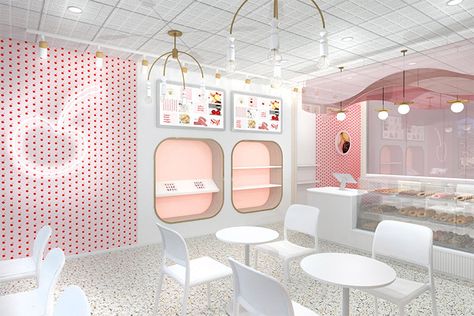 Dainty Dessert Bar Interior by Mindful Design Consulting Dessert Shop Design, White Pedestal Table, Tea Store Design, Feminine Interior, Rebranding Strategy, Cherry Theme, Pink Accent Walls, Dream Bakery, Cake Bar