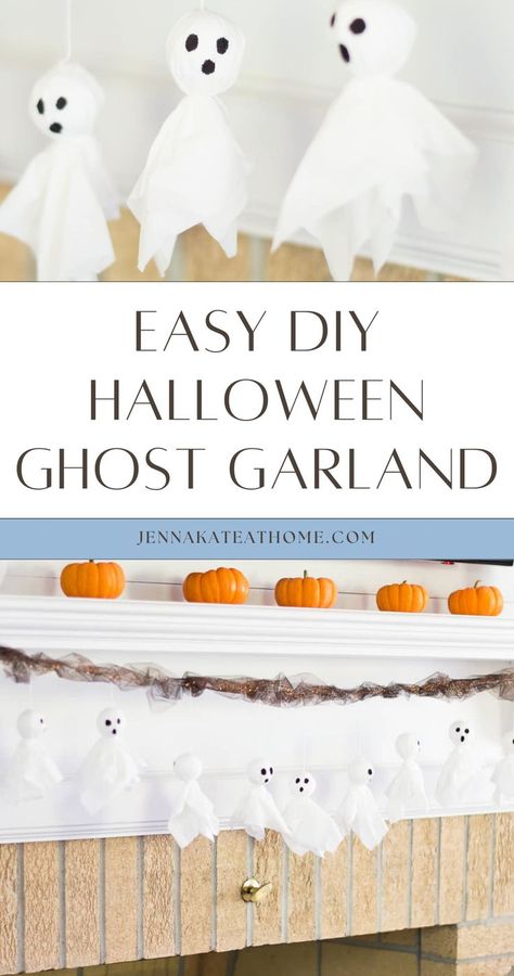 Create a fun DIY Halloween garland for inside with this easy project that’s perfect for kids. Using tissue paper, make a ghost garland or a DIY spooky garland as part of your indoor Halloween decor. This easy Halloween garland is great as hanging Halloween banister decor and is a perfect example of Halloween decor kids can make. Get creative with this ghost garland for kids and enjoy simple DIY Halloween decorations. Halloween Banister, Ghost Garland Diy, Banister Decor, Diy Halloween Room, Halloween Ghost Garland, Spooky Garland, Diy Halloween Garland, Diy Fall Garland, Diy Ghost Decoration