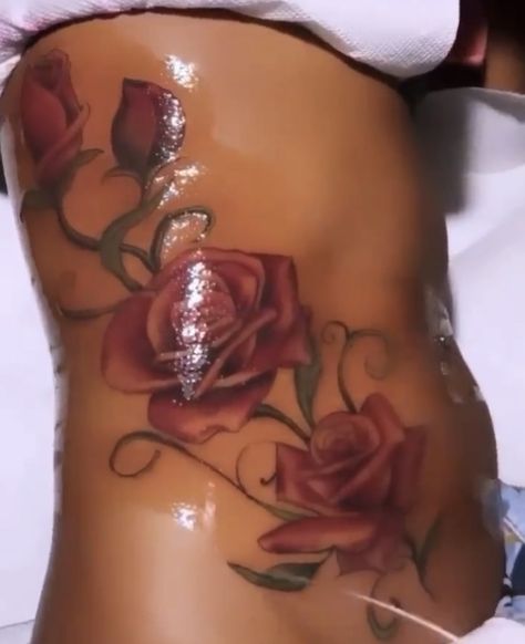 Roses On Stomach Tattoo, Rose Rib Tattoos, Side Stomach Tattoos, Gemini Tattoo Designs, Stomach Tattoos Women, Stomach Tattoo, Rib Tattoos For Women, Gemini Tattoo, Small Pretty Tattoos