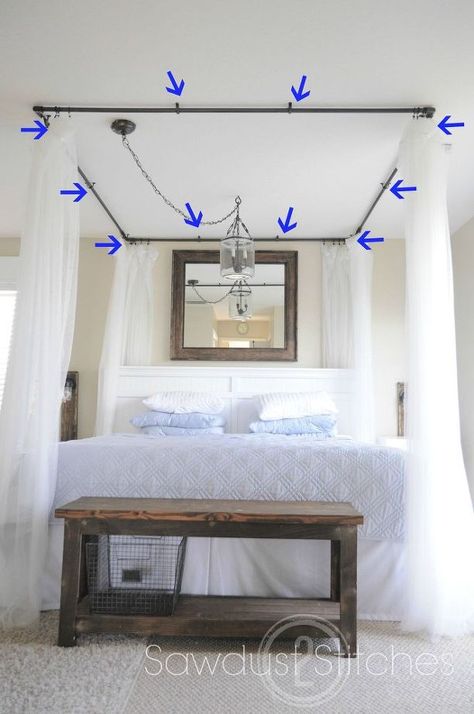 how to make a pvc bed canopy, bedroom ideas, how to, painted furniture, repurposing upcycling Diy Canopy Bed, Canopy Bed Drapes, Reka Bentuk Bilik Tidur, Diy Drapes, Bed Drapes, Canopy Bed Diy, Canopy Curtains, Hiasan Bilik Tidur, Diy Lampe