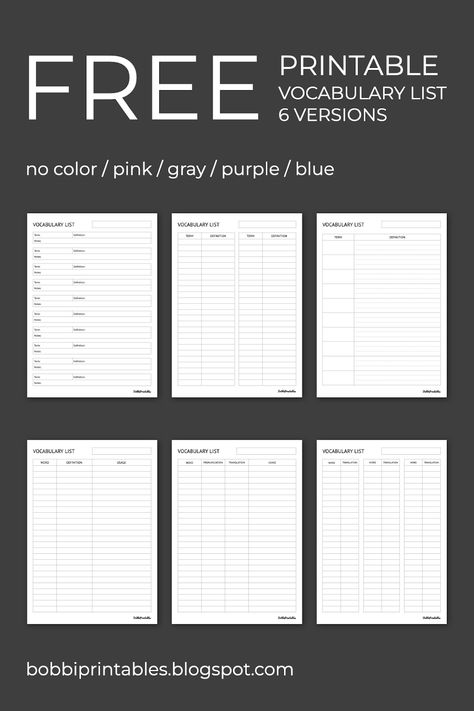 BobbiPrintables Vocabulary Words Template, Language Study Template, Free Vocabulary Template, Writing Vocabulary Words, Vocabulary Template Free Printable, Language Learning Notes Template, Goodnotes Language Learning Template, Free Vocabulary Printables, Language Notes Template