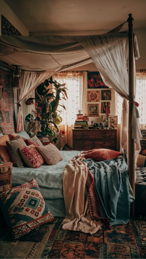 Cozy bohemian bedroom with canopy bed, vibrant textiles, and vintage decor. Boho Bedroom With Brick Wall, Earthy Room Ideas Bedroom, Boho 70s Bedroom, Vintage Bohemian Bedroom, Boho Maximalism Bedroom, Warm Boho Bedroom, Cozy Eclectic Bedroom, Eclectic Boho Bedroom, Vintage Boho Bedroom