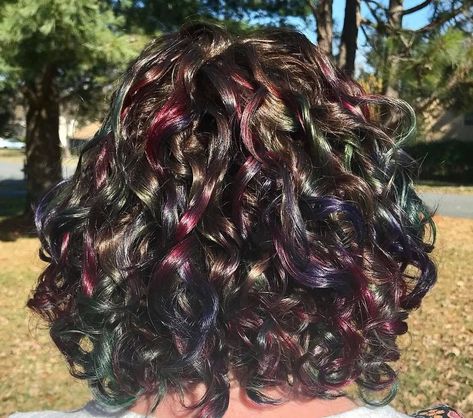 Oil Slick Hair Color Curly, Short Curly Peekaboo Hair, Curly Hair Rainbow Highlights, Oil Slick Curly Hair, Peekaboo Oil Slick Hair, Curly Hair With Colored Streaks, Colored Highlights Curly Hair, Curly Hair Peekaboo, Under Hair Dye Curly