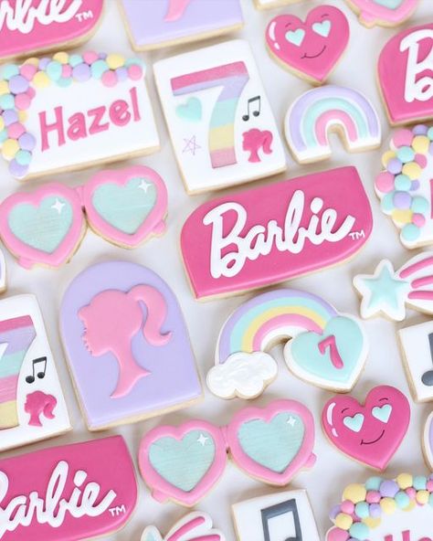 A Modern Cookie on Instagram: "Come on Barbie, let’s go party! 💗🎂🎵 . I’ve had the privilege of making Hazel’s birthday cookies for 4 years now and I think these are my favorite yet! Such a fun theme and my childhood self would totally love them 🥰 Did you love Barbies when you were a kid?! . . . . #barbiecookies #barbiebirthday #birthdaycookies #sunglasscookies #girlbirthdayparty #arizonacookies #arizonafood #arizonasmallbusiness #royalicingcookies #royalicing #cookiesofinstagram #cookiedecor Barbie Cupcakes, Barbie Pool Party, Barbie Party Decorations, Cute Barbie, Barbie Birthday Cake, Barbie Theme Party, 5th Birthday Party Ideas, Barbie Birthday Party, Barbie Theme