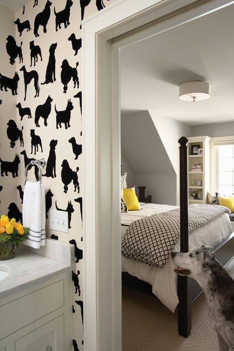 Dog-themed bathroom and bedroom Dog Rooms, Traditional Bedroom, Black And White Wallpaper, Dog Wallpaper, Ideas Pictures, Remodel Bedroom, Room Wallpaper, Dog Themed, Contemporary Bedroom