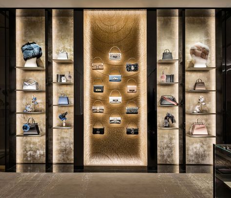 Fendi Shop, Shoe Store Design, Handbag Display, Retail Store Interior Design, Fendi Store, Italian Furniture Design, Interior Shop, Design Box, Unique Interior Design