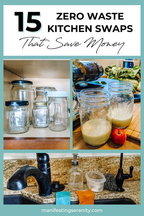 Graphic with the title "15 Zero Waste Kitchen Swaps That Save Money" and 3 images of eco friendly products. Ways To Be More Sustainable, Zero Waste Food Storage, How To Start Zero Waste Living, Zero Waste Project, How To Be Sustainable, Non Toxic Swaps, Waste Material Products, Zero Waste Aesthetic, Low Waste Living