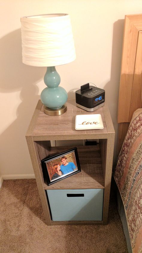 Storage cubes as a nightstand ... Minimalist styling Cube Storage Night Stand, Cube Organizer Night Stand Ideas, Storage Cube Nightstand, Cube Shelf Next To Bed, Cube Storage As Nightstand, 2 Cube Organizer Ideas, Cube Nightstand Ideas, Cube Storage Nightstand, Cube Organizer Nightstand