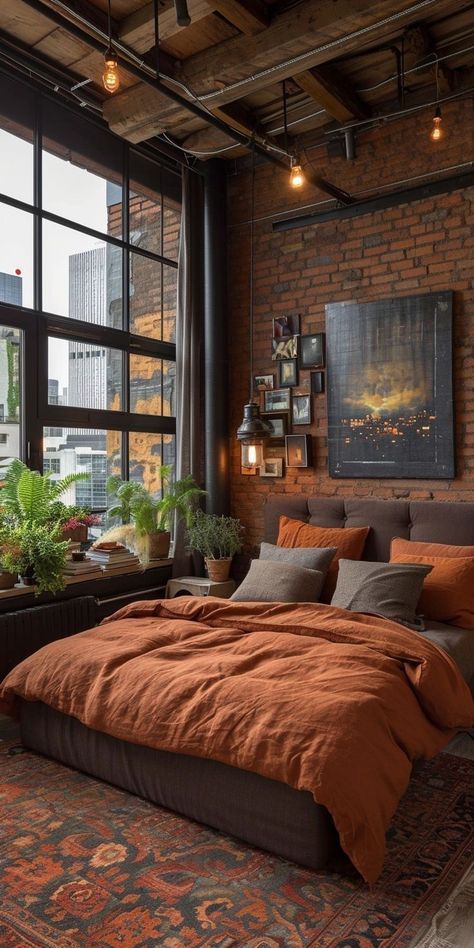 Rustic Bachelor Pad, Wood Feature Walls, Bachelor Pad Bedroom, Industrial Style Bedroom, Mens Bedroom, Feature Walls, Brick Walls, Bachelor Pad, Home Room Design