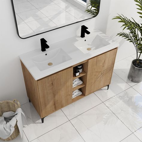 PRICES MAY VARY. ♥♥【48 inch Double Sink Bathroom Vanity】This resin sink consists of two interconnected basins, offering versatility and functionality. The design features clean lines, adding a modern touch to any bathroom. ♥♥【Efficient Storage Function】This floor standing double sink bathroom vanity has 2 cabinets with soft closing doors and 3 middle open shelves which offers extra storage space to make room clean and tidy. ♥♥【48in Floor Mounted Bathroom Vanity Set with Sink and Cabinet】Premium Vanity Double Sink, Bathroom Vanity Double Sink, 48 Inch Bathroom Vanity, Wood Bathroom Cabinets, Oak Plywood, Freestanding Vanity, Small Bathroom Vanities, Double Vanity Bathroom, Double Sink Bathroom