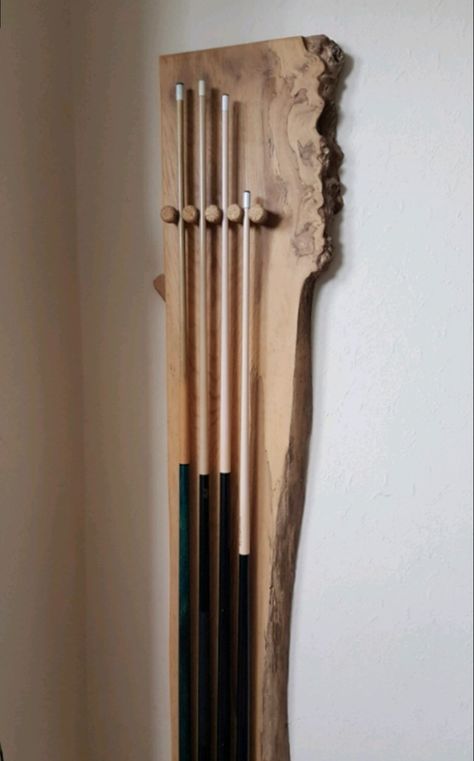 Pool Table Cue Holder, Pool Table Room Artwork, Pool Stick Storage, Rustic Pool Room Ideas, Cue Rack Ideas, Pool Cue Wall Rack, Pool Table Small Room Ideas, Billards Room Decor Rustic, Pool Stick Holder Ideas Wall Racks