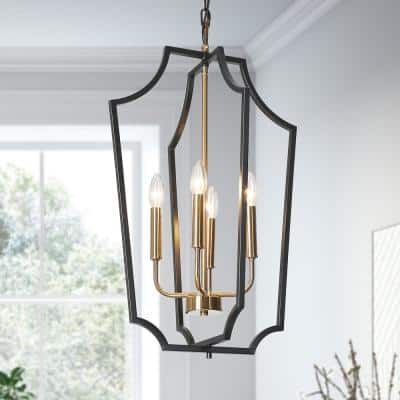 Simple geometric frame combined with a mini candlestick design, this black and brass hanging pendant light is a nice fixture to embellish various spaces like your kitchen island, dining room, hallway, and foyer, especially 2 or more in a row to get a wonderful visual effect. The highly polished brass surface is electroplated to present a bright and sleek modern look, bringing your space a great sense of sophistication and dynamic. With a timeless combination of black and brass gold finish, this Geometric Lantern, Modern Farmhouse Chandelier, Foyer Lighting Fixtures, Modern Lanterns, Brass Light Fixture, Cage Chandelier, Gold Pendant Lighting, Lantern Chandelier, Foyer Lighting