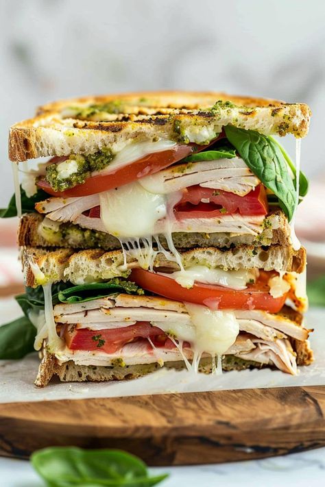 Chicken Spinach Sandwich, Turkey Pesto Mozzarella Sandwich, Sliced Turkey Sandwich Recipes, Panini Recipes Turkey, Costco Turkey Provolone Sandwich, Roasted Turkey Sandwich, Gourmet Turkey Sandwich, Artisan Rolls Sandwich Ideas, Turkey Swiss Sandwich