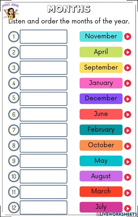 Months Worksheet For Kids, Months And Seasons Worksheet, Month Worksheets For Kids, Days And Months Worksheets, Grammar Board, Seasons Worksheets, Learning Stations, Kids English, Days And Months