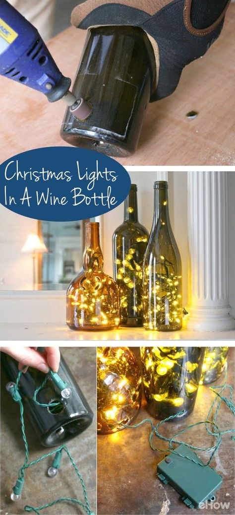 LED lights inside wine bottles - drill hole Wine Bottle Project, Wine Bottle Display, Jars Diy, Empty Wine Bottles, Diy Lampe, Wine Craft, Bottle Display, Wine Bottle Art, Wine Bottle Diy Crafts