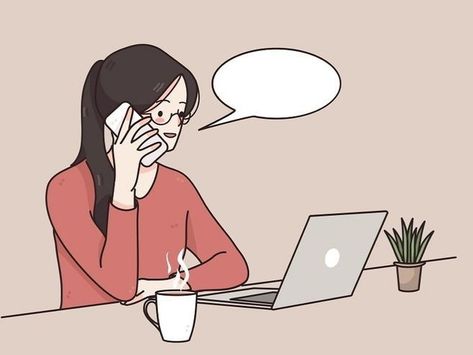 Girl Using Phone Cartoon, Girl Using Laptop Aesthetic, Talking On Phone Illustration, Cup Of Coffee Illustration, Face Sketching, Pc Drawing, Busy Images, Talking On Phone, Work Cartoons