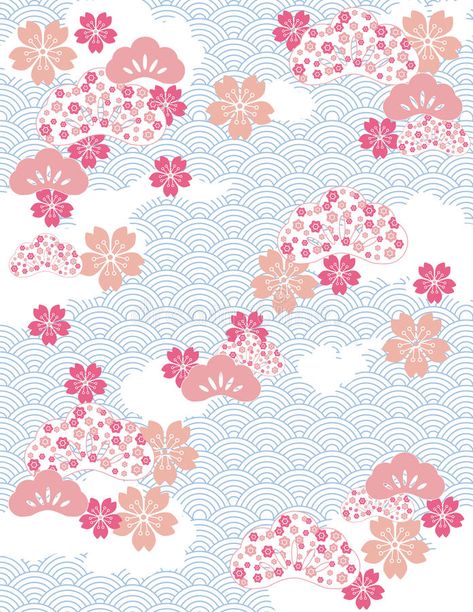 Pink and blue Japanese pond background stock illustration Kimono Pattern Design, Cherry Blossom Illustration, Japanese Pond, Pond Background, Haori Pattern, Blossom Illustration, Wool Crafts Diy, Japanese Background, Chinese Fabric