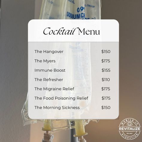 Indulge in our refreshing IV Cocktail Menu! 🍹💧 Whether you need a boost of energy, hydration, or recovery, our custom IV cocktails are tailored to meet your needs. Experience the ultimate in wellness and relaxation with Revitalize Mobile IV Hydration. Cheers to health and vitality! 🎉 #IVCocktails #MobileIV #Hydration #Wellness *small nominal travel fee not listed in pricing dependent on location. Iv Therapy Aesthetic, Iv Hydration Aesthetic, Iv Bar, Mobile Iv Therapy, Iv Lounge Interior Design, Meyers Cocktail Iv Therapy Benefits, Iv Hydration Quotes, Iv Hydration Nurse, Iv Hydration Therapy Business Decor