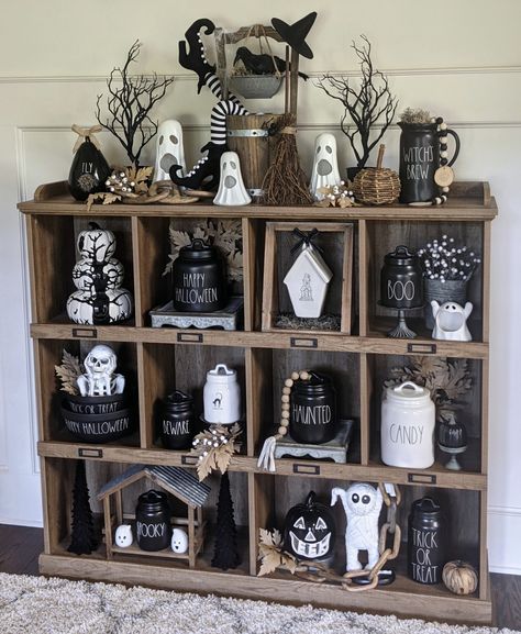 Halloween Wall Shelf Decor, Rae Dunn Halloween Display, Cubby Ideas, Rae Dunn Display, Porch Fall Decor, Hutch Display, Living Room Wall Decor Ideas, Halloween Apothecary, Room Wall Decor Ideas