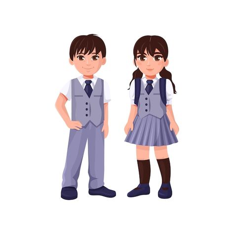 Cute boy and girl in school uniform | Premium Vector #Freepik #vector #schoolboy #school-kids #pupil #school-uniform Boys Uniform School Outfits, School Boy Drawing, School Uniform Design, Uniform Drawing, Boy And Girl Drawing, Outfits Drawing, Best Uniforms, Butterfly Art Drawing, Uniform School