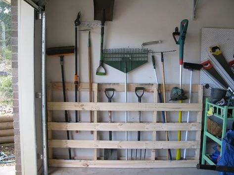 Garden Tool Storage DIY from Wood Pallet | Hometalk Beautiful Garage, Remodel Garage, Garden Tool Rack, Garage Organizing, Garage Organisation, Diy Storage Ideas, Overhead Garage Storage, Garage Diy, Garage Storage Solutions