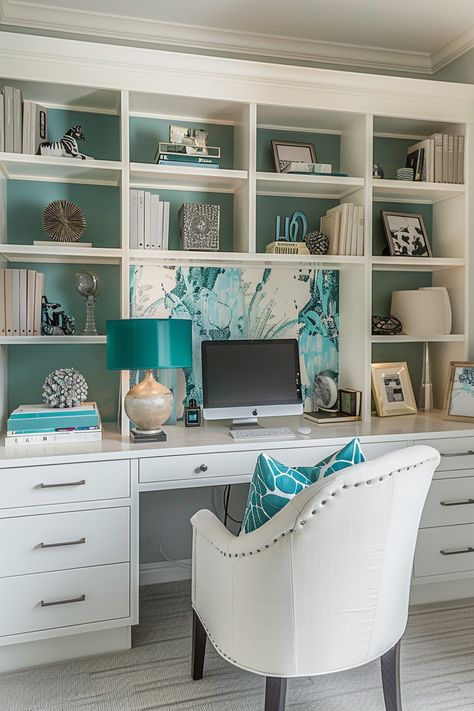 Chic Home Office Ideas, Teal Office, Pendant Lights For Kitchen Island, Office Craft Room Combo, Nice Office, Lights For Kitchen Island, Coastal Office, Office Shelves, Pendant Lights For Kitchen