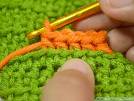 4 Ways to Surface Crochet - wikiHow Surface Crochet Tutorials, Upcycled Knitwear, Crochet Tricks, Surface Crochet, Cable Crochet, Crochet Edging Pattern, Reverse Single Crochet, Learn Crochet, Slip Stitch Crochet